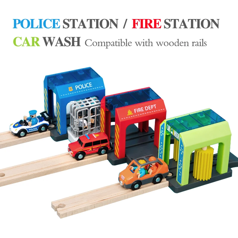 Rail car toy car wash rail car set train scene children fire station police station simulation toy compatible with wooden track