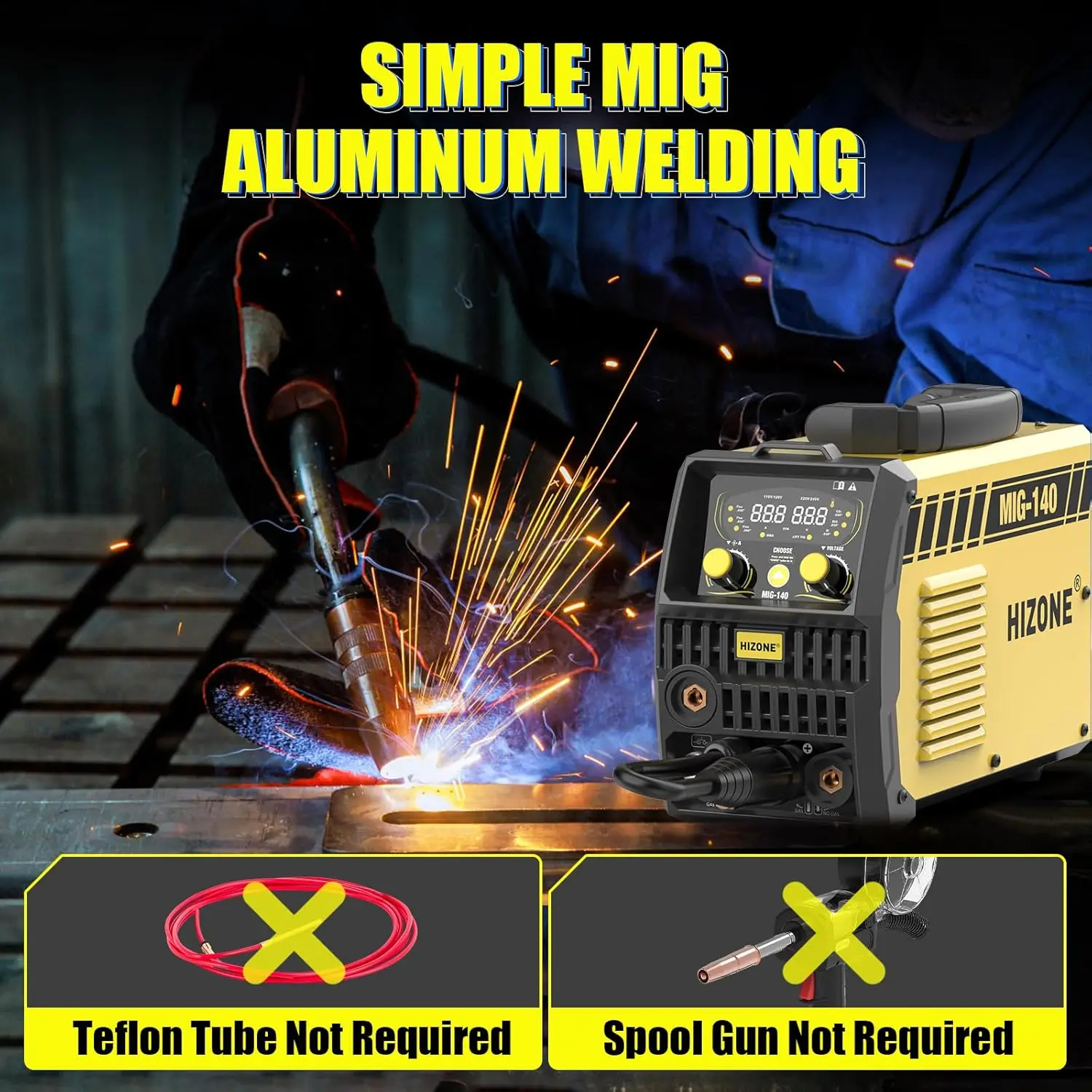 Simplified Aluminum MIG Welder 6 in 1 Gas MIG Gasless Flux Core Stick Lift TIG Welding Machine with Large LCD Digital Display