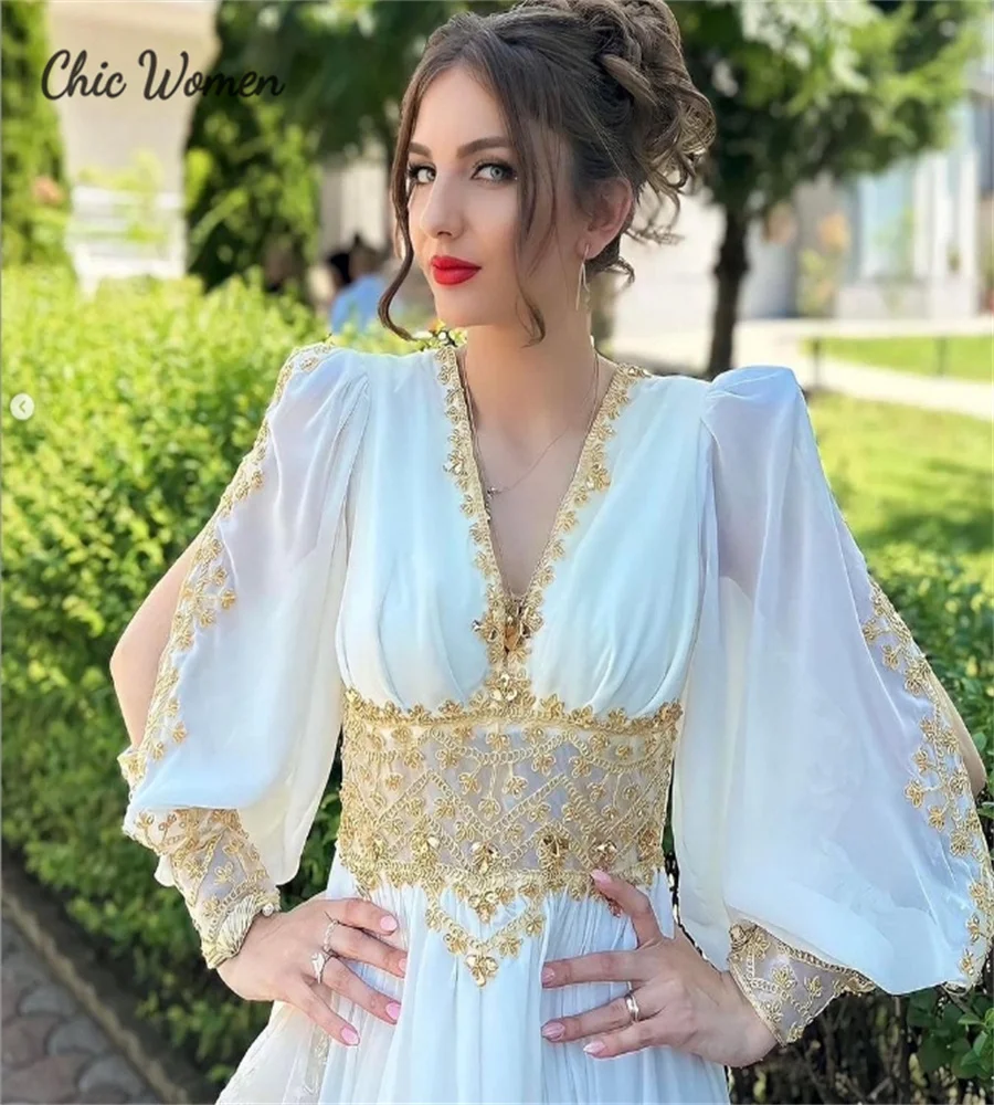 Kaftan White Kosovo Albanian Evening Dress Caftan Marocain A Line Formal Prom Dress V Neck Long Sleeve Formal Party Customized