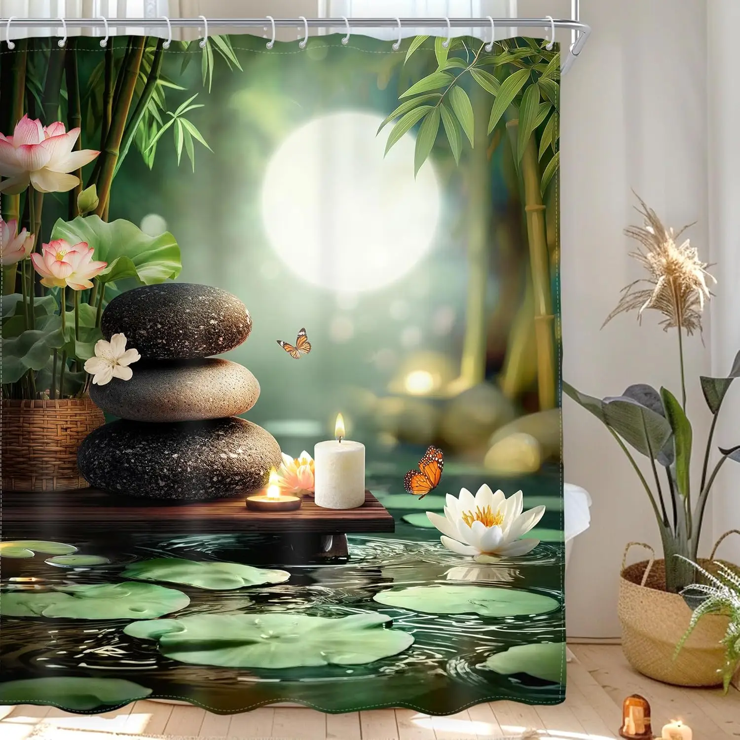 禅竹シャワーカーテン（フック付き）-–-蓮、月、石のスパデザイン、心を落ち着かせる瞑想用バスルーム装飾
