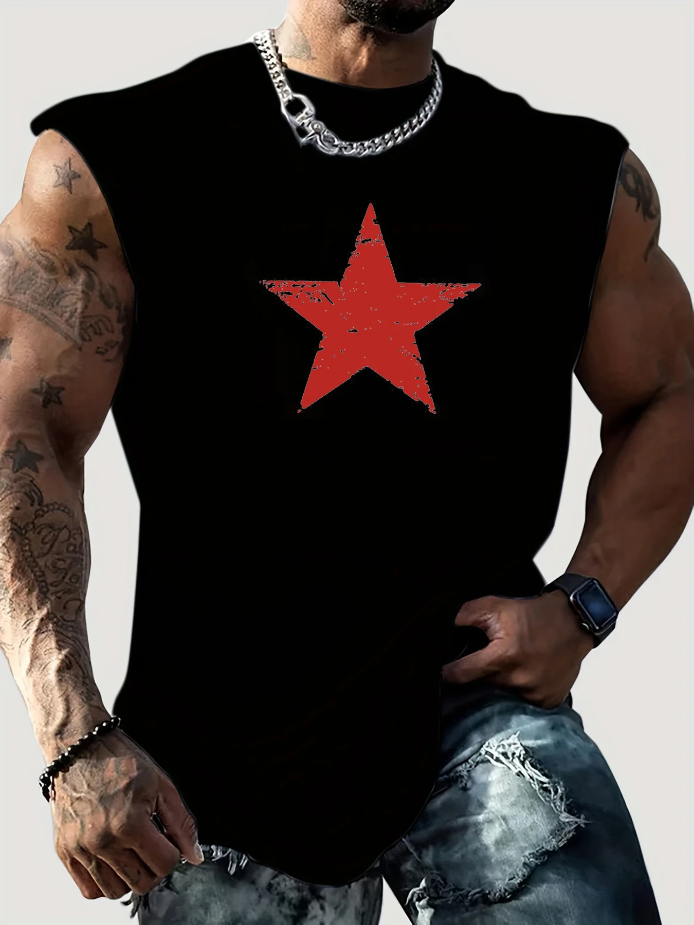 100% pure cotton men's summer casual sports fitness loose red star pattern printed breathable round neck sleeveless vest