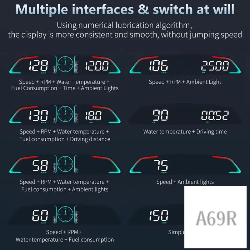 

A69R-Car HD Head-Up Display OBD2 GPS Smart HUD Auto Digital Speedometer RPM Voltage Security Alarm Display