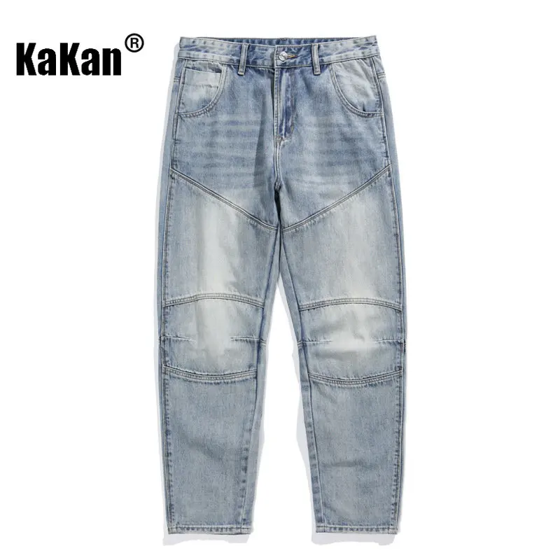 Kakan celana pendek Denim kaki lurus pria, celana pendek Denim kaki lurus longgar warna biru sambungan sederhana gaya Eropa dan Amerika K023-H253 untuk pria muda