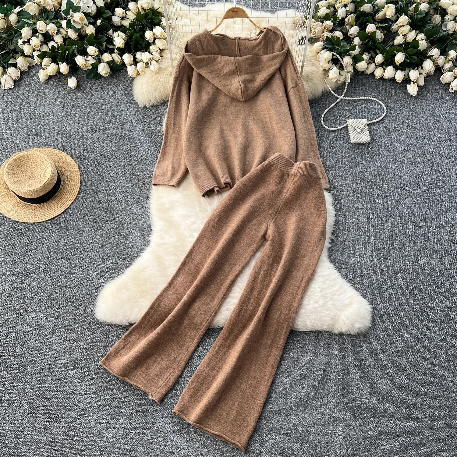 REALEFT Autumn Winter 2 Pieces Women\'s Sets Outfit Knitted Tracksuit Loose Hooded Sweater and Straight Jogging Pant Suit 2024