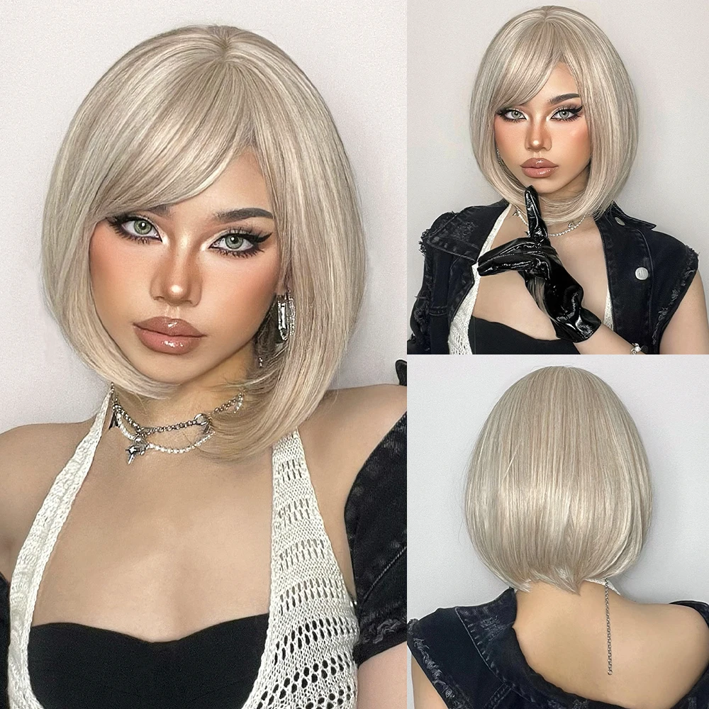 Light Blonde Wigs with Bangs Short Straight Cosplay Bobo Synthetic Wig for Women Cute Natural Hair Wig Heat Resistant Fibre