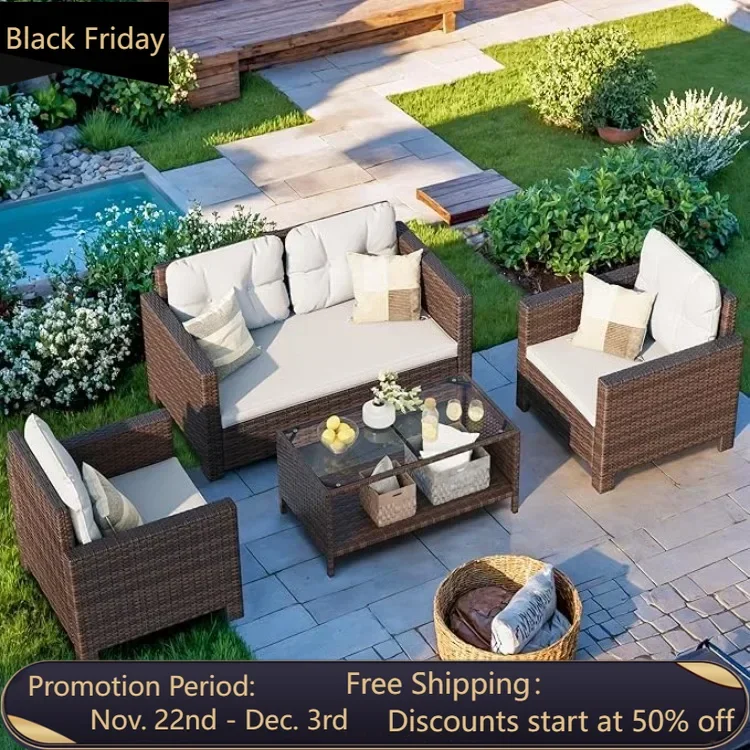 4-piece courtyard furniture set, rattan chair and willow dialogue sofa set, suitable for outdoor, indoor, garden and balcony use