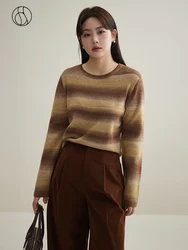 DUSHU Gradient Stripe Loose Knitted Sweater Winter 2023 New Shoulder Wool Blend Knit For Women O-Neck Casual Loose Women Sweater