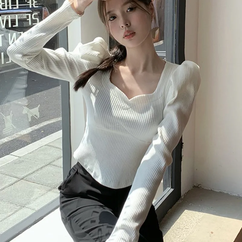 Square Collar T Shirt Korean Style Y2k Crop Top Women Autumn Puff Long Sleeve Tees Slim Tshirts Femme Solid Fashion Clothing New