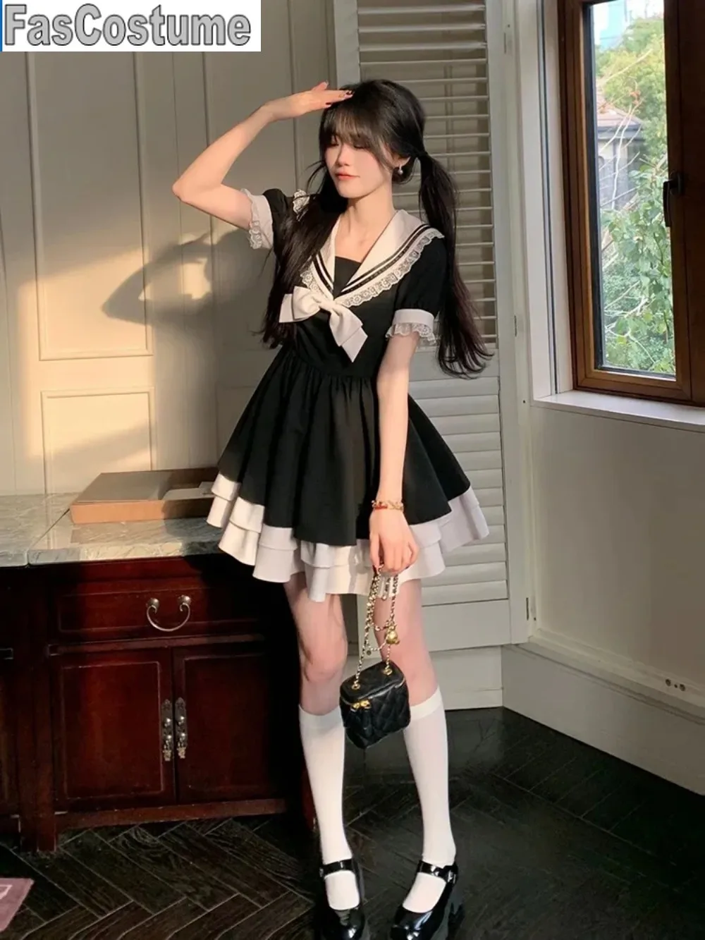 ชุดสีดําผู้หญิงโบว์ญี่ปุ่นน่ารัก Lolita ผู้หญิงหวานลูกไม้พัฟแขนนักเรียนชุดปาร์ตี้ SAILOR COLLAR Kawaii ชุด