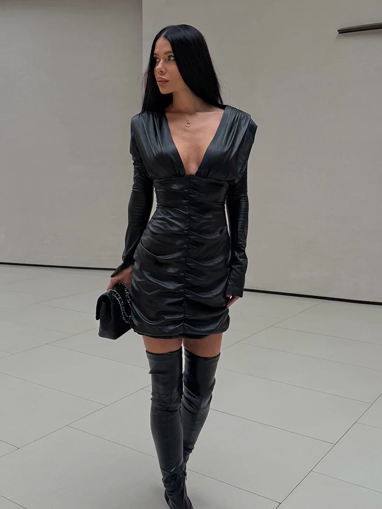 Nibber Autumn Trend Dress Women Sexy Faux Leather Folds Full Sleeve Hottie Skinny Midnight Street Simple Classic Mini Bodycon
