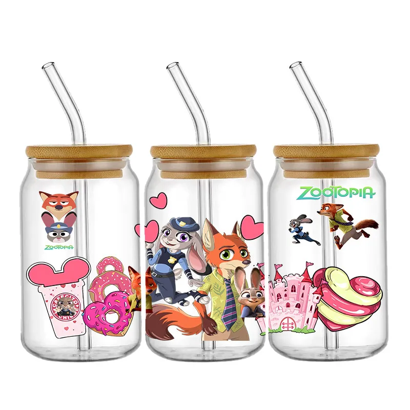Zootopia أرنب الثعلب الشرطة نمط الأشعة فوق البنفسجية DTF نقل ملصق مقاوم للماء نقل الشارات لملصقات التفاف كوب زجاجي 16oz