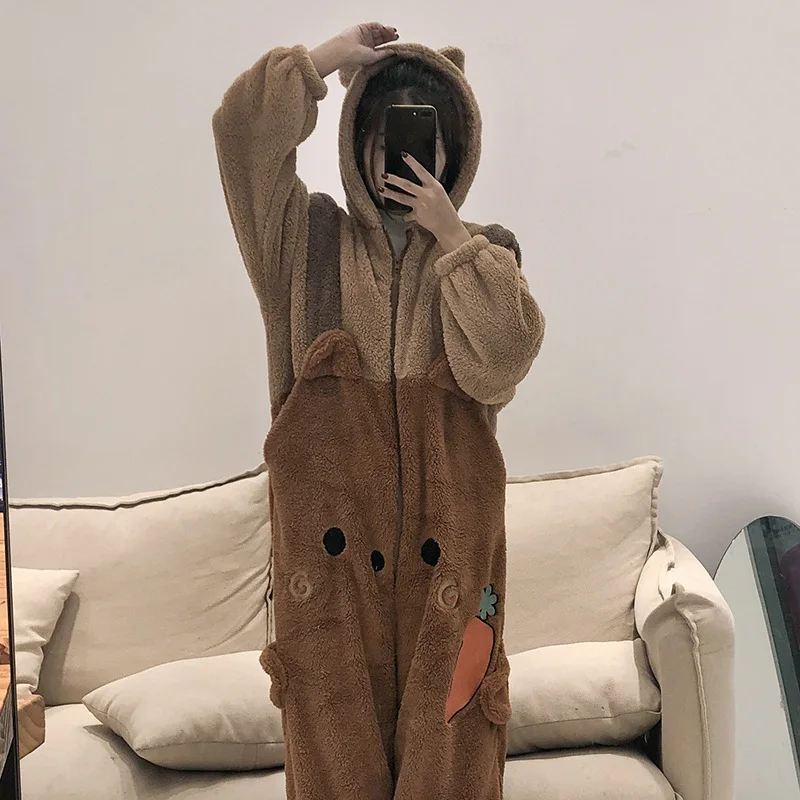 Autumn Winter Women Cute Onesies Pajamas Coral Fleece Warm Cartoon Bear Ears Hooded Sleepwear Girls Sweet Home Clothes Pyjamas