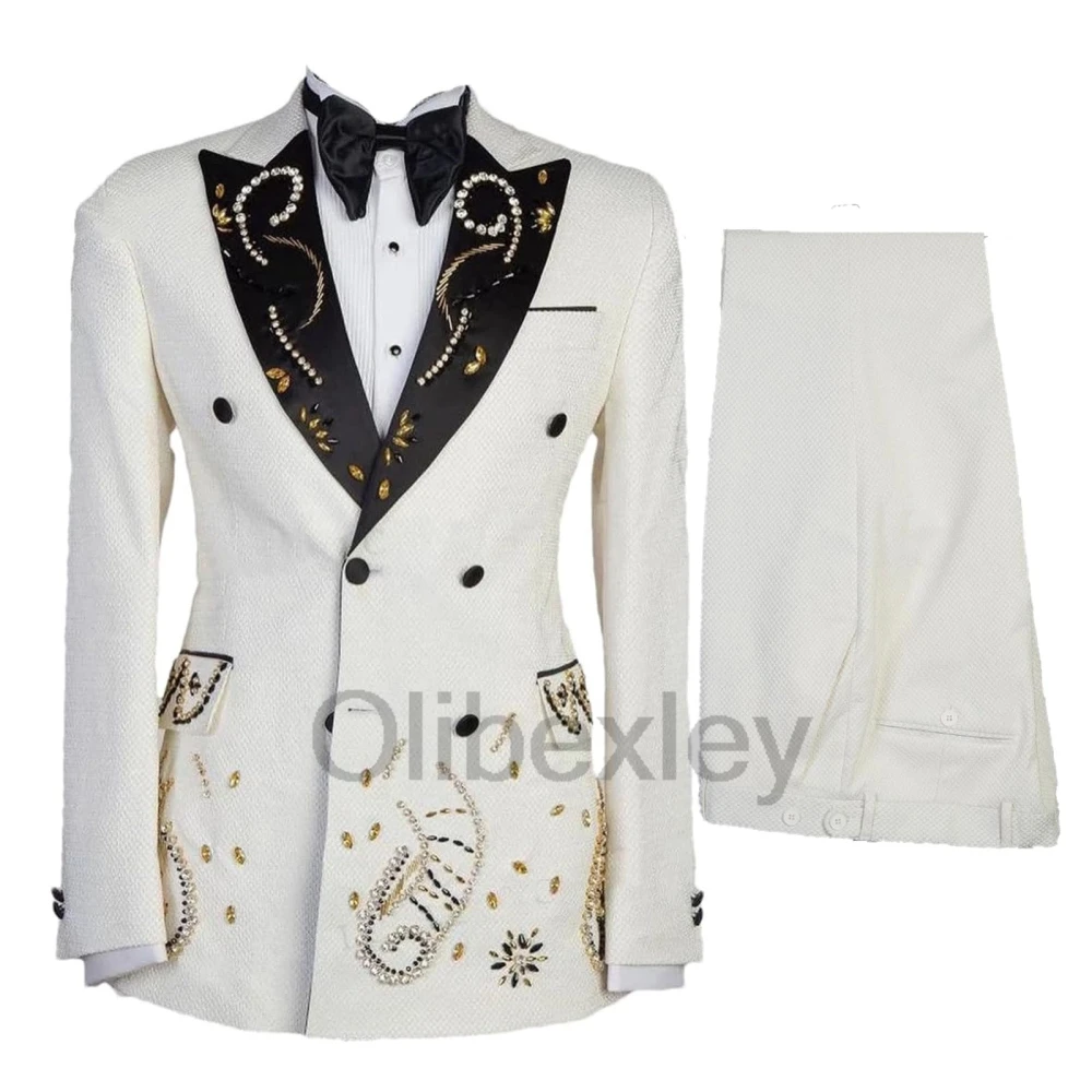 Olibexley Luxury Mens 2 Pieces Tuxedo Suits Groom Embroidered Gold Diamond Beaded Blazer Jacket Pant for Party Customized S404