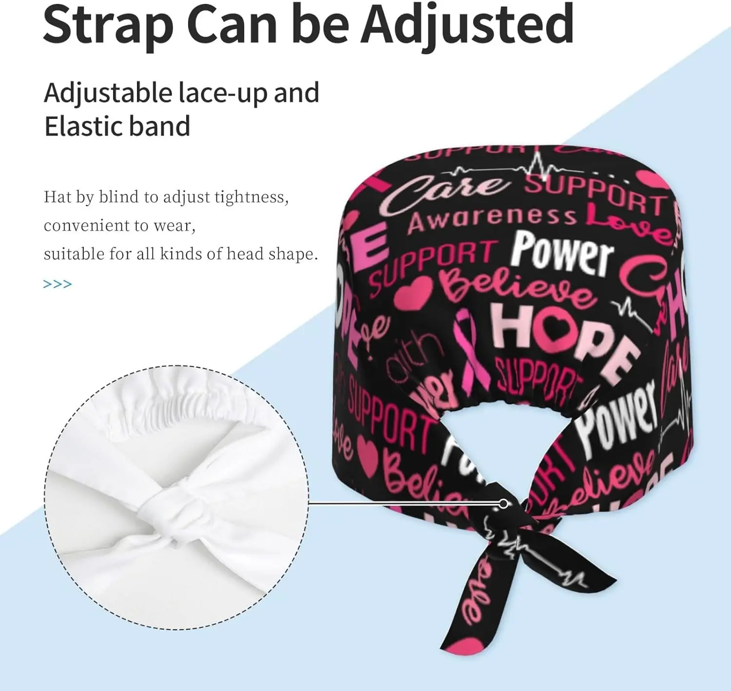 قبعة عمل للتوعية بسرطان الثدي، قبعة فرك مع عصابة رأس قابلة للتعديل للجنسين، قبعة ربط للنساء، قبعات جراحية للممرضات والأطباء