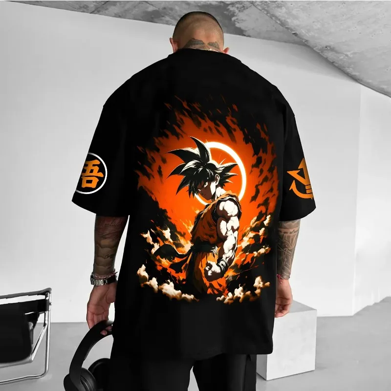 Camiseta holgada de Dragon Ball para hombre, ropa de calle de animación de verano 2025, Top informal de manga corta con estampado de llama negra y naranja