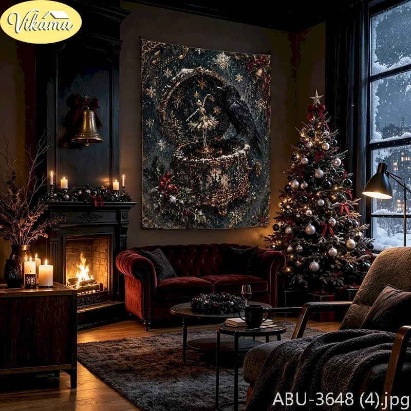 VIKAMA Gothic Christmas Tapestry Wall Hanging Skeleton Nutcracker Soldier Candle Holly Dark Academia Creepy Decor