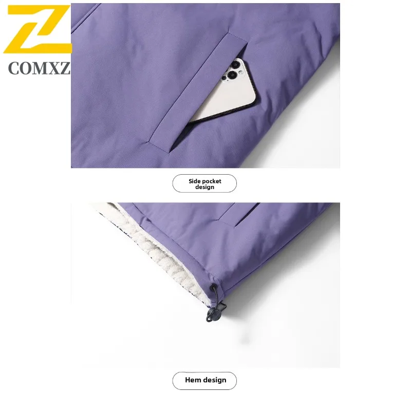 COMXZ 2025 Mens Reversible Sherpa Lined Winter Jacket Hooded Unisex Cotton Coat Fashion Casual Warm Outwear for Teens Adults