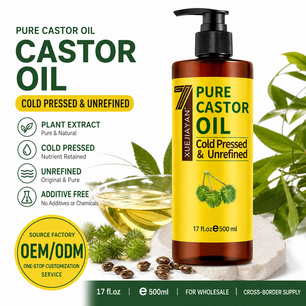 500ml Pure Castor Carrier Oil No Additives Cold Pressed Unrefined Natural Base Oil for Hair Growth Eyelash Eyebrow Skin Massage