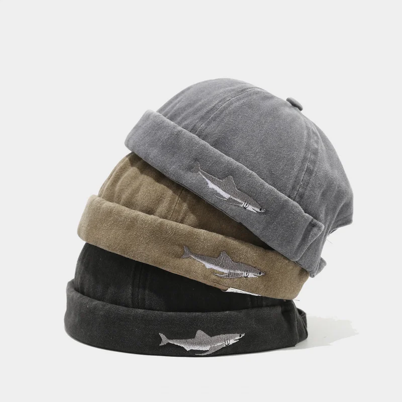 Vintage Washed Docker Hat Unisex Shark Embroidered Brimless Melon Cap Streetwear Adjustable Casual Hat