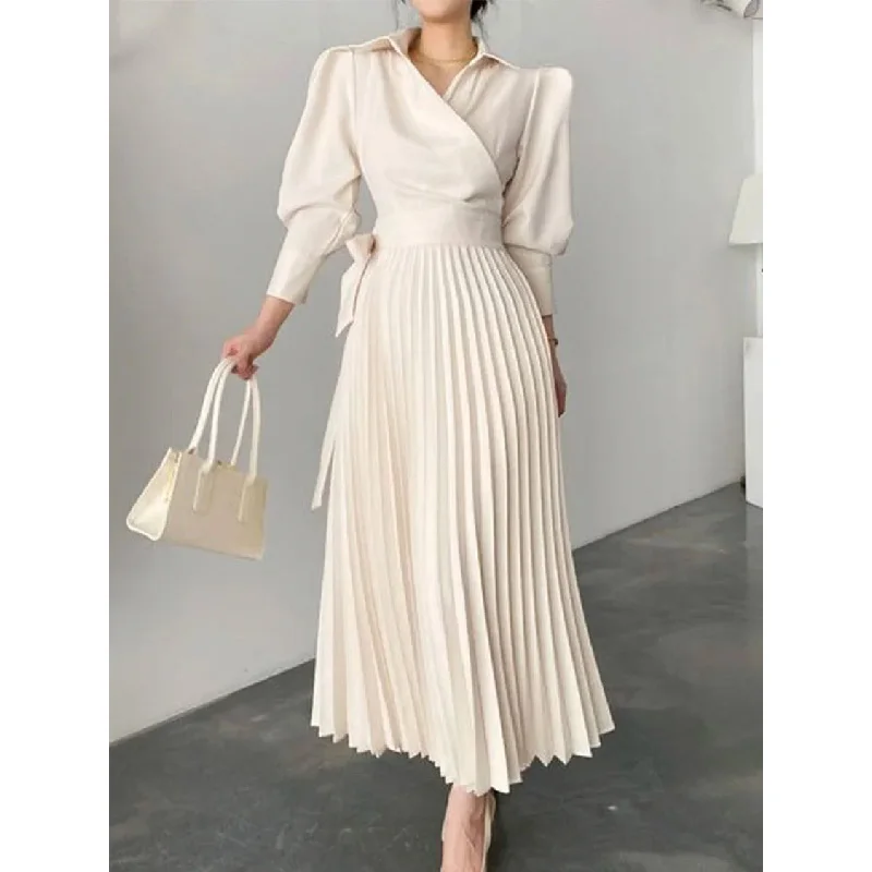 Tinaa Hot Sales Asymmetric Pleated Solid Color Lapel Shirt Dress Maxi Dresses 2024 Stylish Midi Dresses for Women