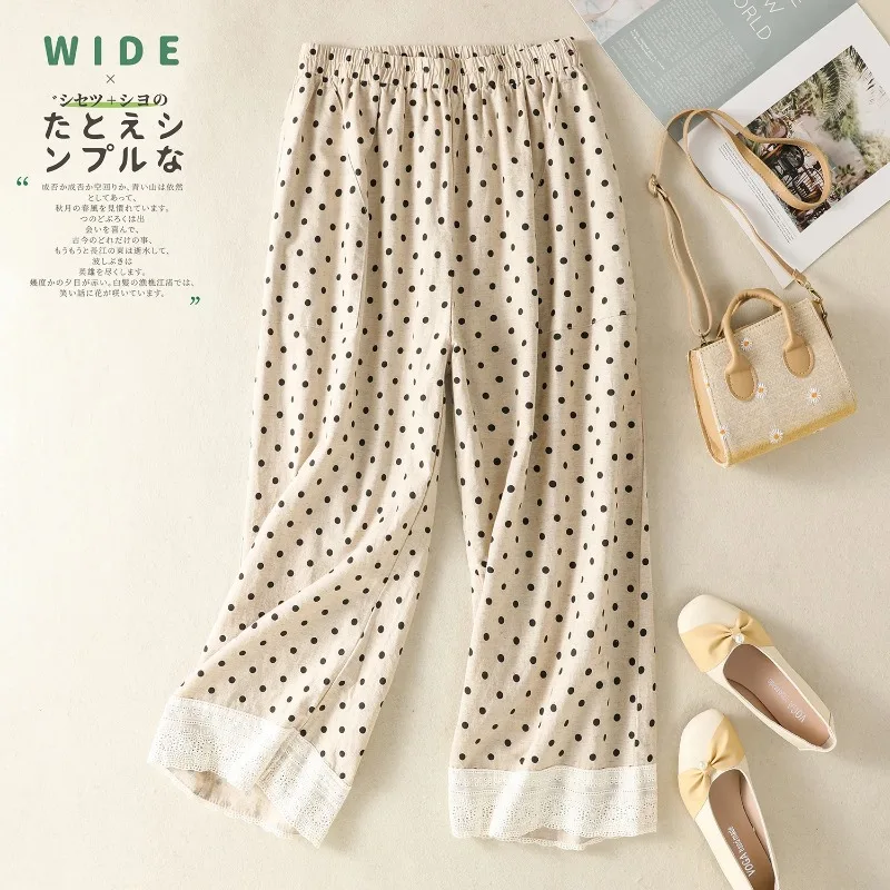 ฤดูร้อนใหม่วินเทจผ้าฝ้ายลินินกางเกงขากว้างผู้หญิงเกาหลีแฟชั่นลายจุดเอวยางยืดตรงข้อเท้ายาวกางเกง