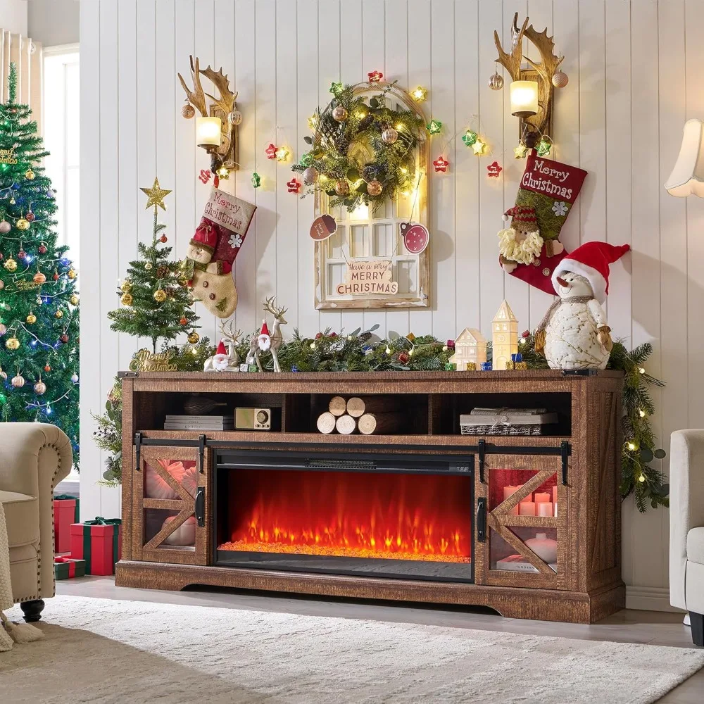 

tall highboy farmhouse entertainment center, electric fireplace, LED light, rustic media console, sliding barn door