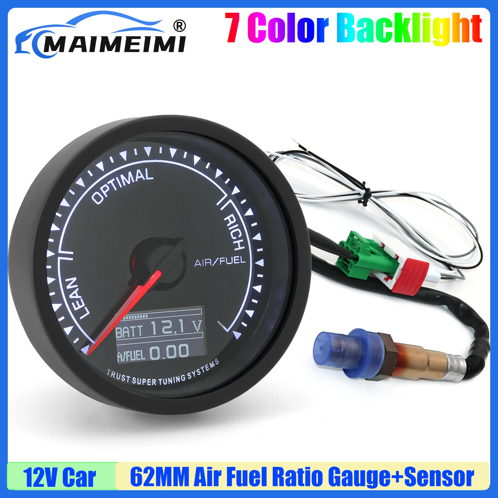 MAIMEIMI Auto Car Digital 62mm Air Fuel Ratio 7 Color Light Lean~Optimal~Rich AFR Gauge with Narrowband Oxygen Sensor 0258006028