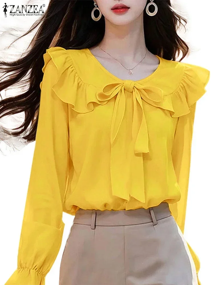 ZANZEA Long Sleeve Peter Pan Collar Blouses Korean Style Women Elegant Tie Up Blusas Mujer Long Sleeve Solid Sweet Smock Tops