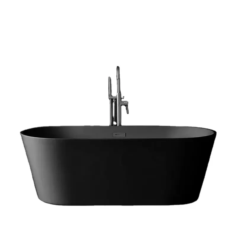Modern Black Acrylic Freestanding Bathtub With Faucet For Hotel Apartment Bathroom Soaking Tub Home Decor 1.2m To 1.8m Size
