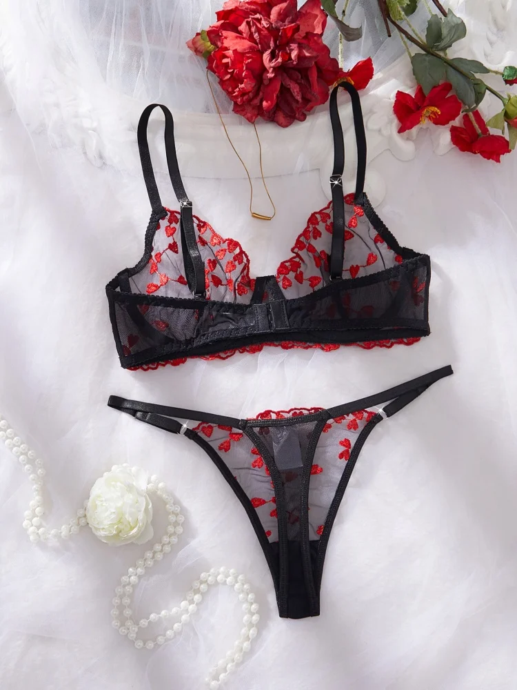 Sexy Lingerie Female Heart Embroidery Lingerie Set See Through Mesh Underwear Valentine's Day Romantic Intimate Fantasy Bra Set