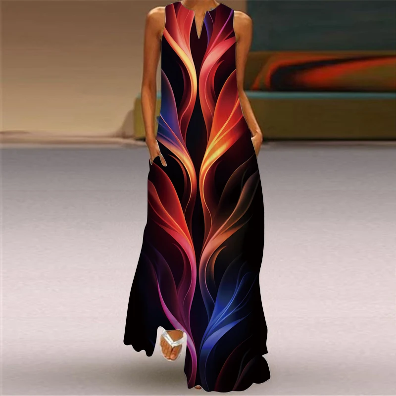 

Sleeveless Dress New Fashion Women's 3D Colorful Printed Stage Runway Travel Photo Insert Pocket V-neck Dress