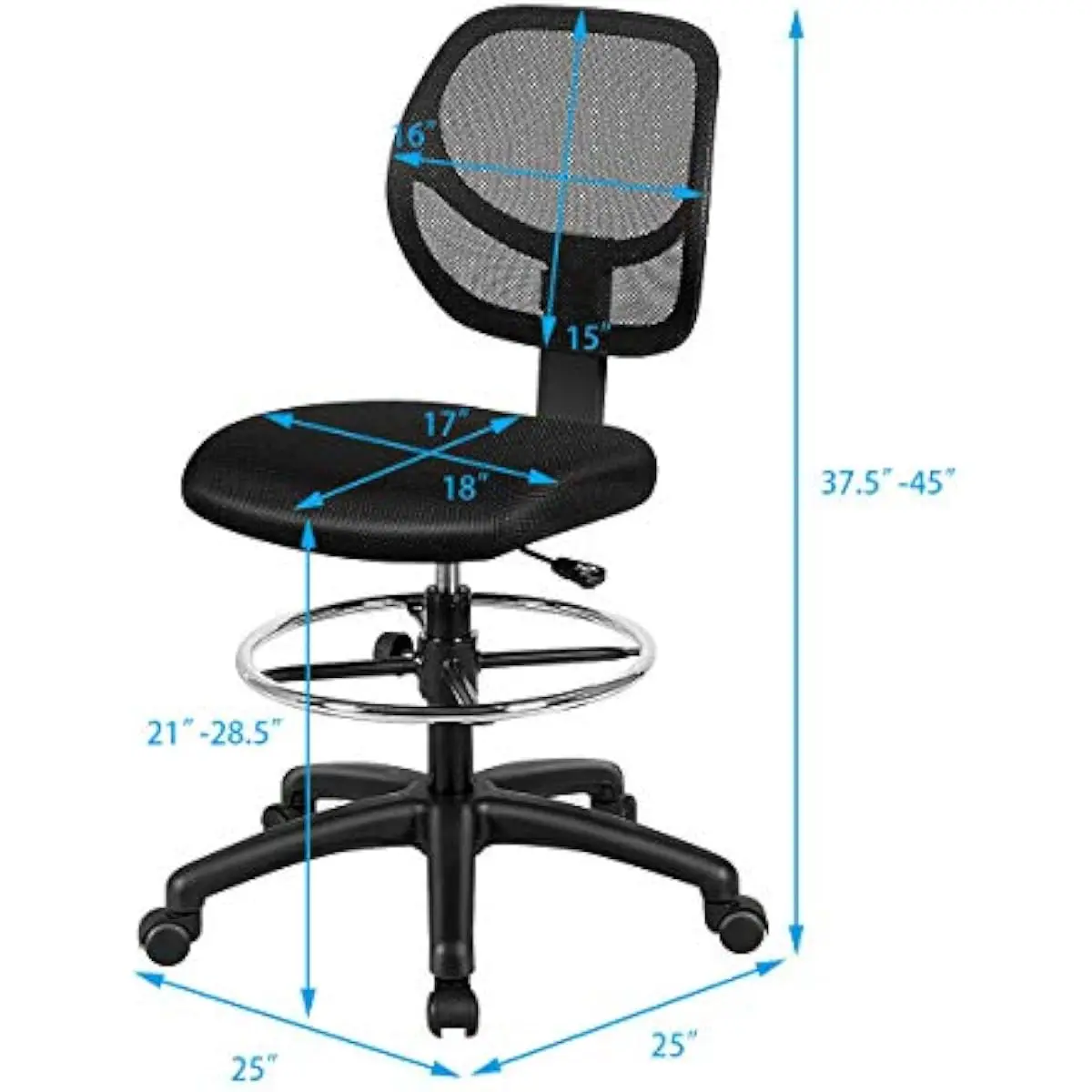 Tall Ergonomic Drafting Chair with Adjustable Height Range 21 to 28.5 Inches, Breathable Mesh Back Support, Padded Seat with Hig