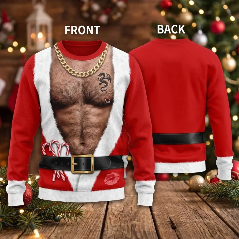 Santa Fake Abs Hairy 3D Sweatshirt, Funny Santa Claus Ugly Christmas Sweatshirt Gag Gift for Husband Cute 3D Holiday Sweater