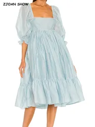 Summer Cotton Blue Ball Gown Dress 3/4 Puff Sleeve Princess Women Spliced Lace Cuff Swing Midi Dresses Fairy Cake Vestidos