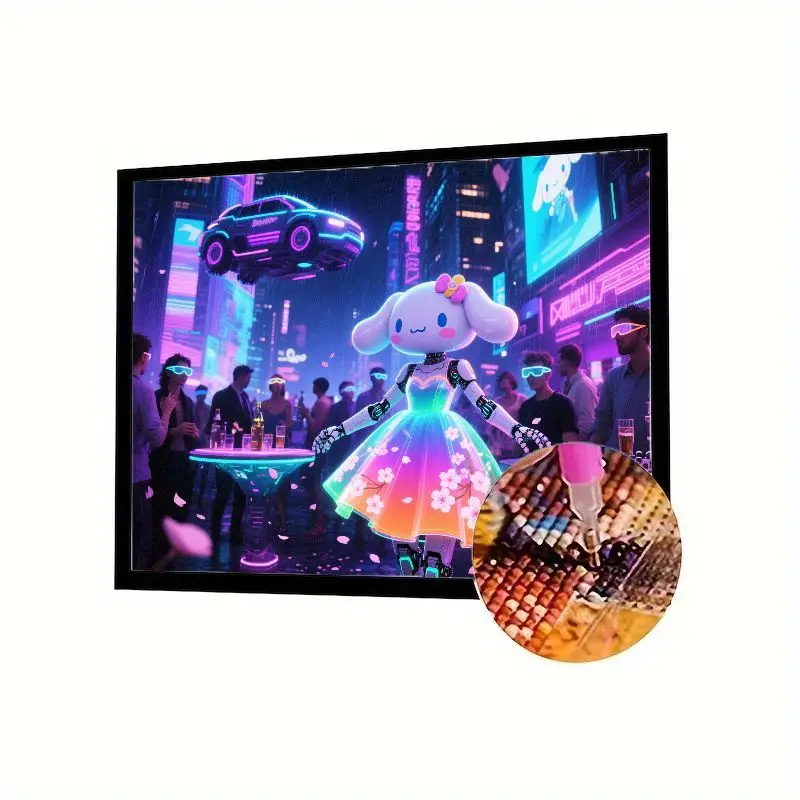 

Комплект алмазной живописи 5D Full Drill — милая кавайная девушка-робот в киберпанк-неоновой городской вечеринке, футуристическая световая сцена VR с полетом