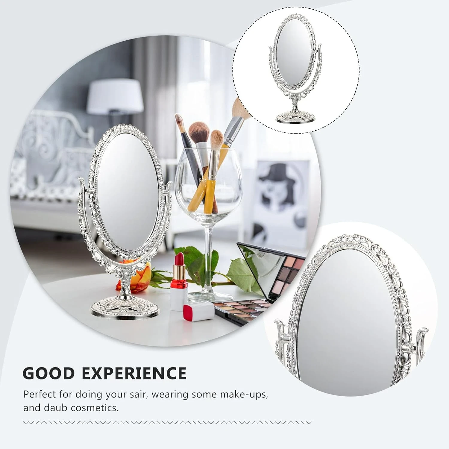 Vintage Silver Tabletop Makeup Mirror - Double-Sided, Swivel Stand, Oval Frame, Stylish and Elegant Cosmetic Mirror for Bathroom