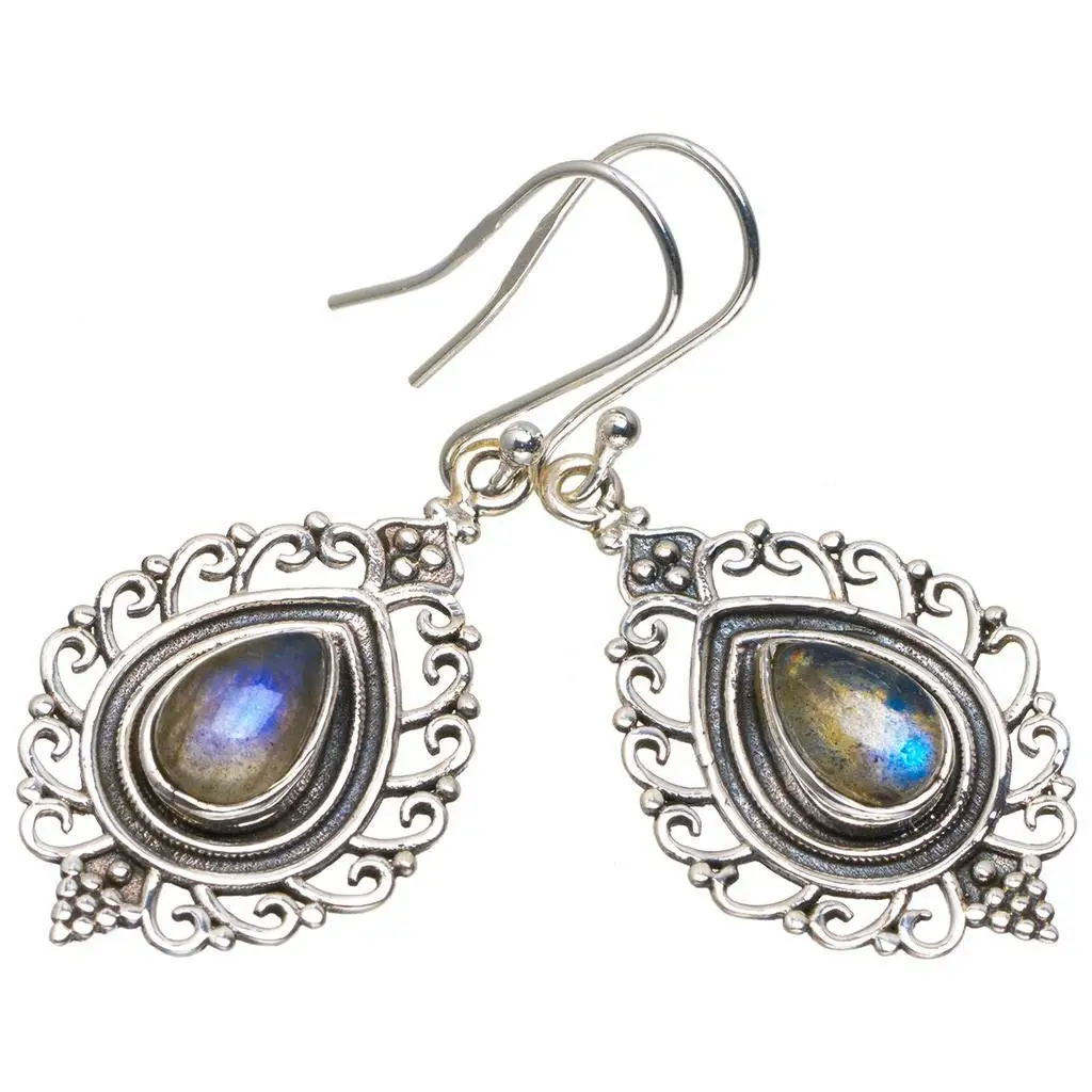 

StarGems® Natural Blue Fire Labradorite Handmade Unique 925 Sterling Silver Earrings 1.75" A2194