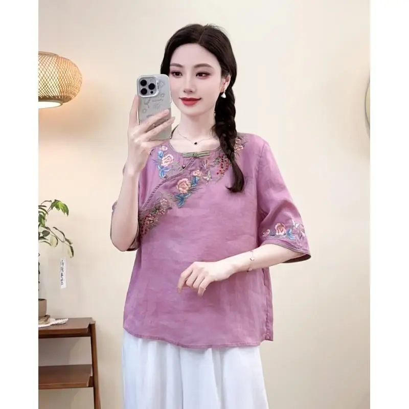 

Retro Embroidered Women's T-shirt plus Size Belly Cover Spring Summer New National Style Bottoming Shirt round Neck Long Sleeve