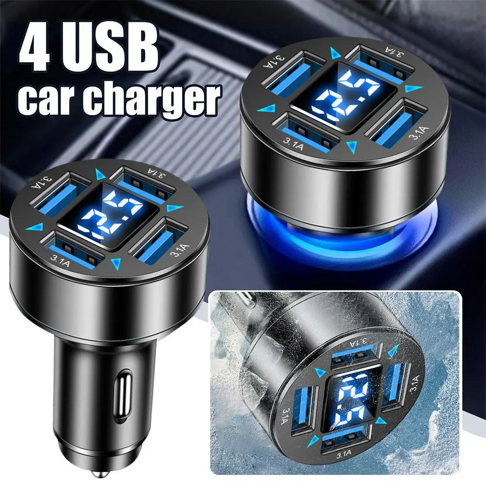 66W Power Adapter 4-Port Blue Light Fast Car Charger QC 3.0 Quick Charge Adapter LED Digital Display for Huawei O3P4