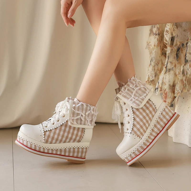 Women\'s Gingham Lolita Wedge Boots, Lace-Up Brogue Style, Cosplay Cute Platform Shoes - Various Color Options Plus Size 31-48