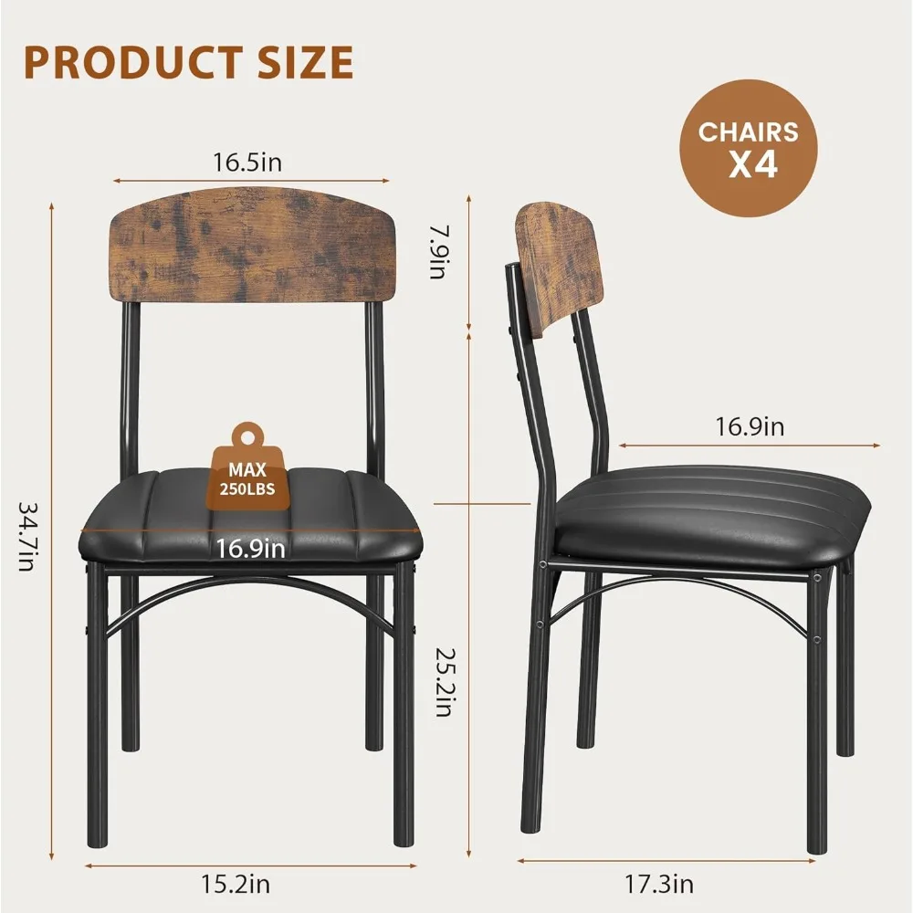 Set of 4 Industrial Style Dining Chairs: PU Leather Seats, Wooden Backrests, Metal Legs, Suitable for Living and Dining Rooms
