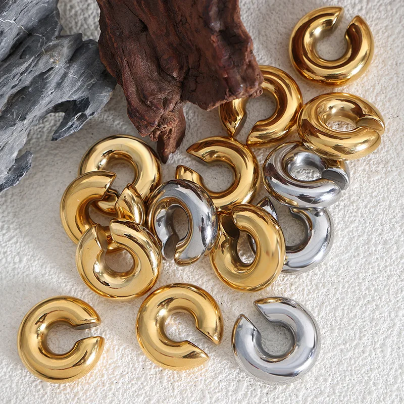 Stainless Stee Oversize Chunky Round Circle Clip Earring for Women Gold Plated C Shape Ear Cuff Stud Tube Thick Earclips Jewelry
