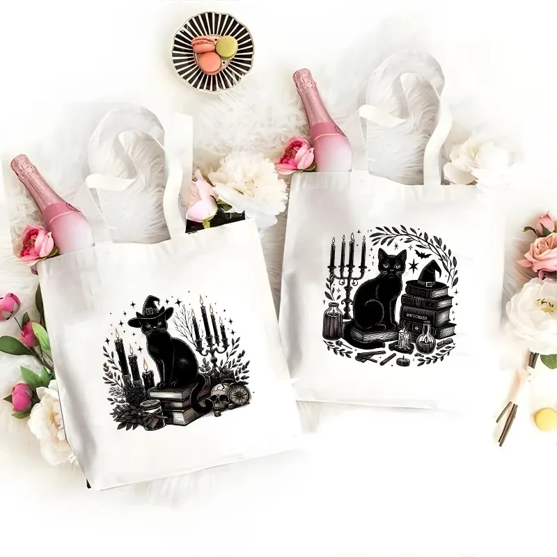 

Canvas Tote Bag for Women Halloween Black Cat & Books Anime Shopping Bags Student Literary Book Shoulder Bag Cute Tote Handbag