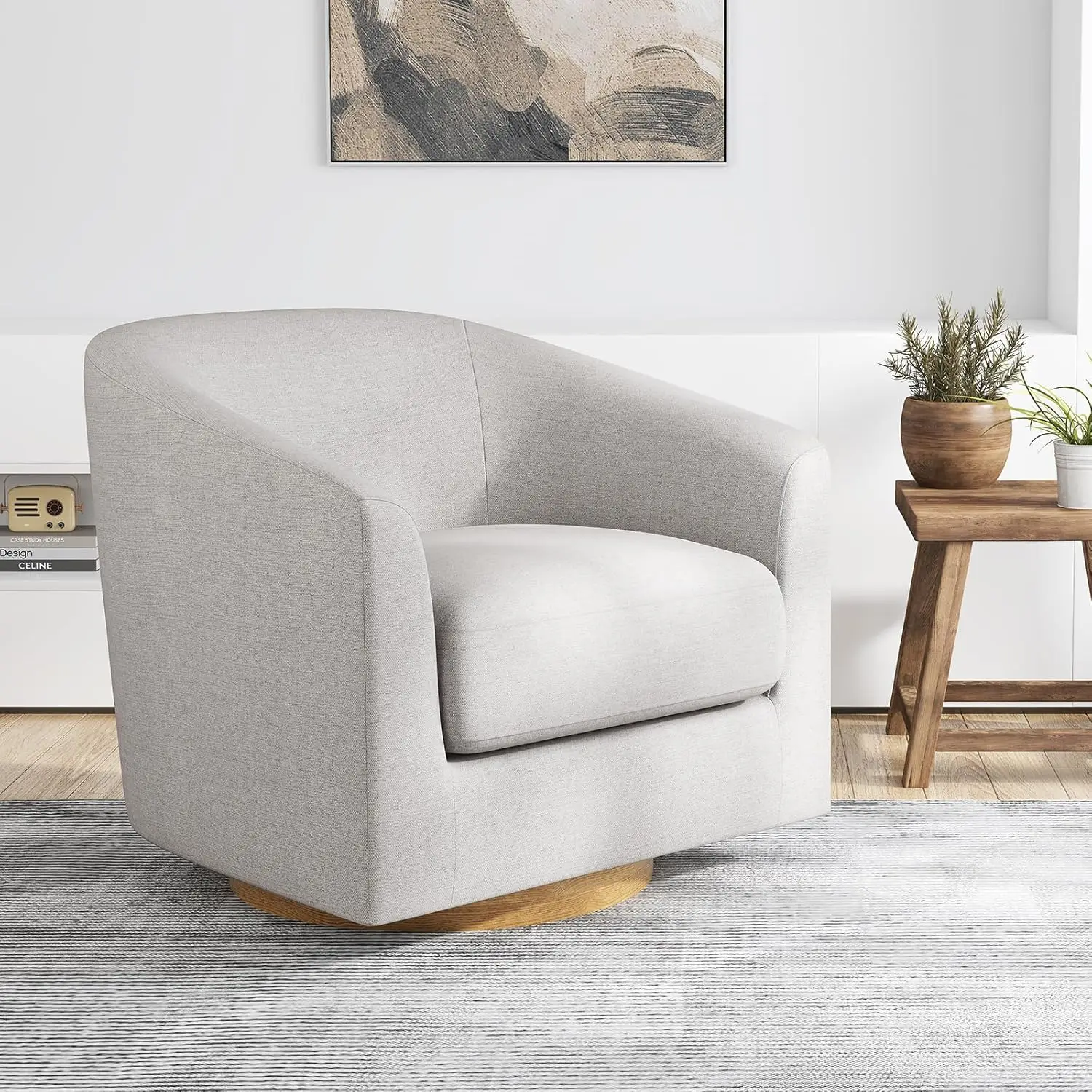 Swivel Accent Chair, Modern Upholstered Living Room Chair with Wooden Base & Arms, Fabric Swivel  Curved Chair