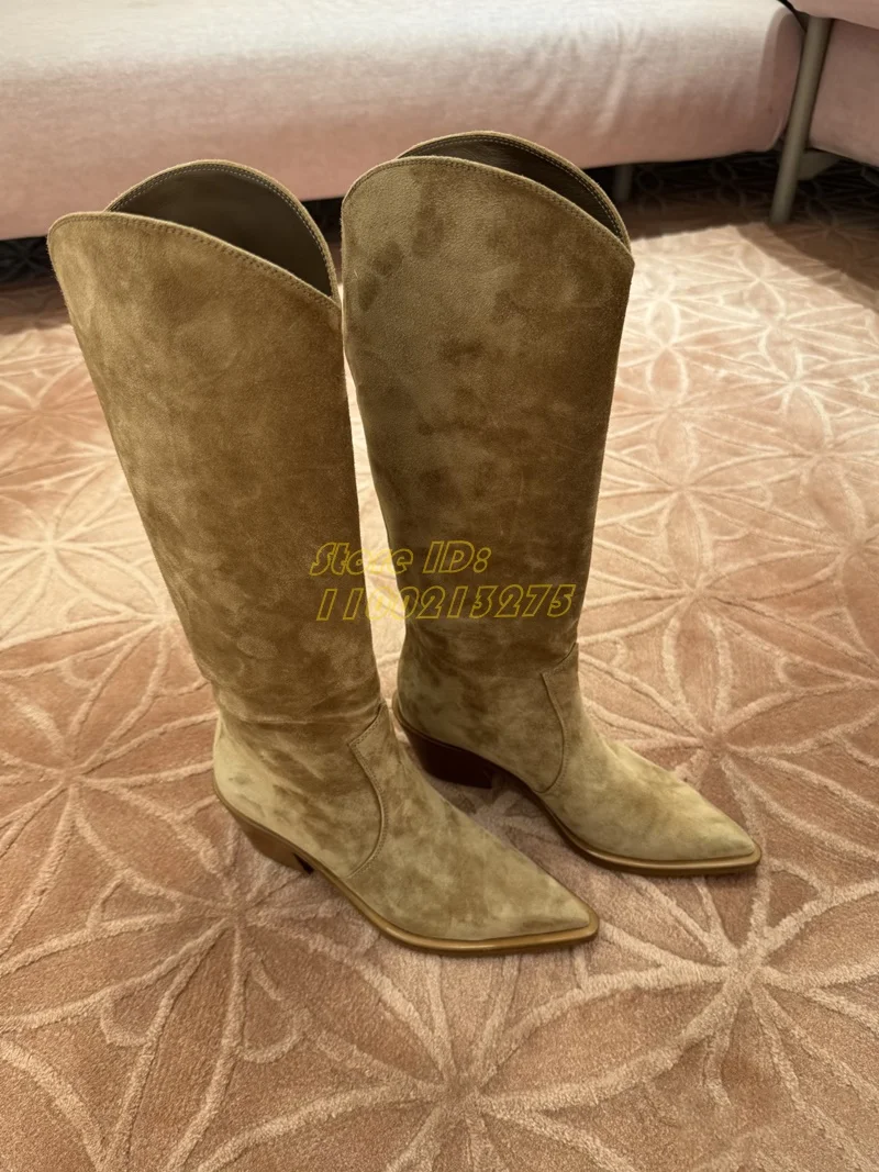 

Тонкие рыцарские сапоги до колена с v-образным вырезом, пикантные слипоны с острым носком, модные 2026, зима-осень, женские модельные туфли на массивном каблуке, замша