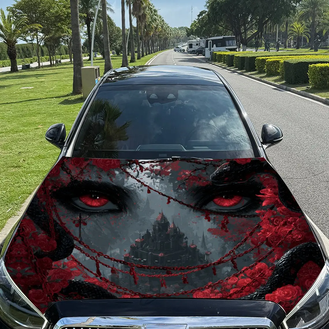 

Dark Style Red - Pupiled and Castle Car Vinyl Wrap, PVC Material Waterproof Car Hood Sticker, Self-Adhesive Scratch-Resistant St
