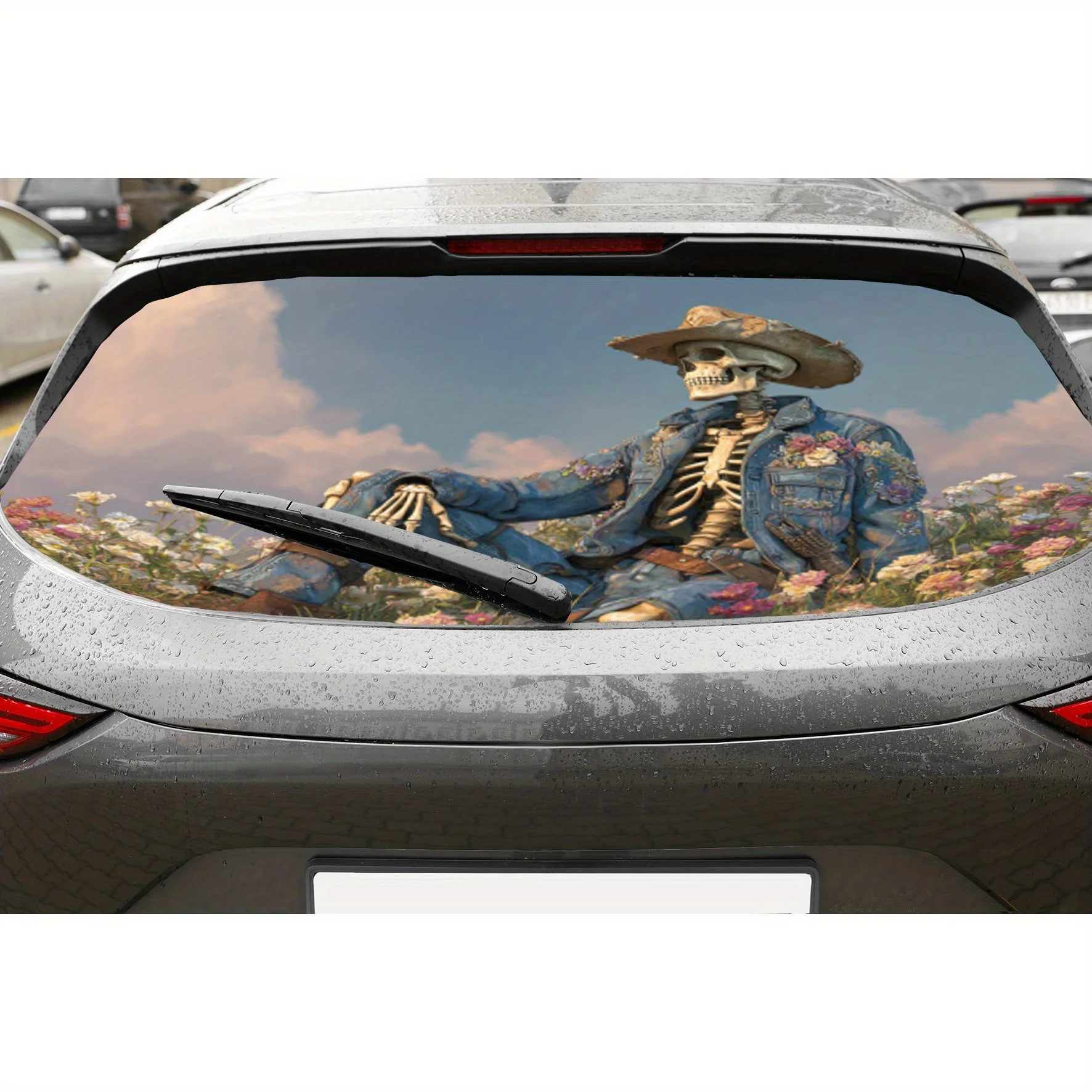 Cowboy skeleton in a flower field PVC material self-adhesive waterproof car rear window sticker, easy to paste without falling o