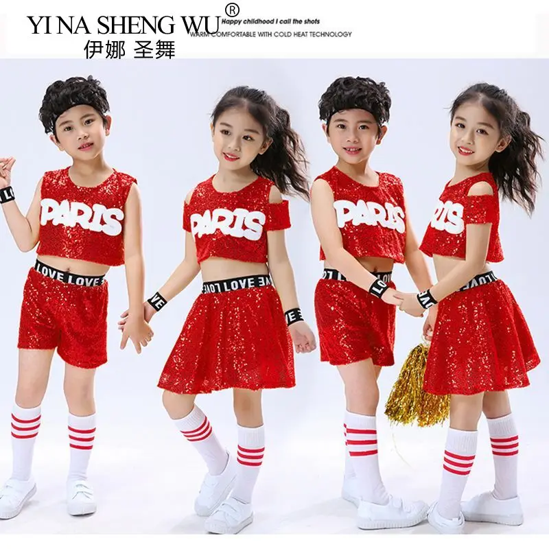 Nouveaux Costumes de danse Jazz pour enfants, ensemble haut court et jupe/short à paillettes pour garçons et filles, tenues de scène de danse de rue moderne Hip Hop