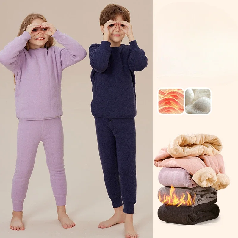 Autumn Winter Long Johns Padded Thicken Children Wool Thermal Underwear Set School Uniform Inner Wear Clothes Teen Kids Clothing