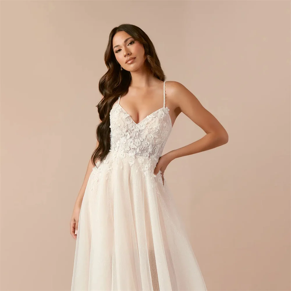 Vestido de novia con apliques de encaje, traje de novia con tirantes finos, escote Corazón, longitud hasta el suelo, cremallera trasera